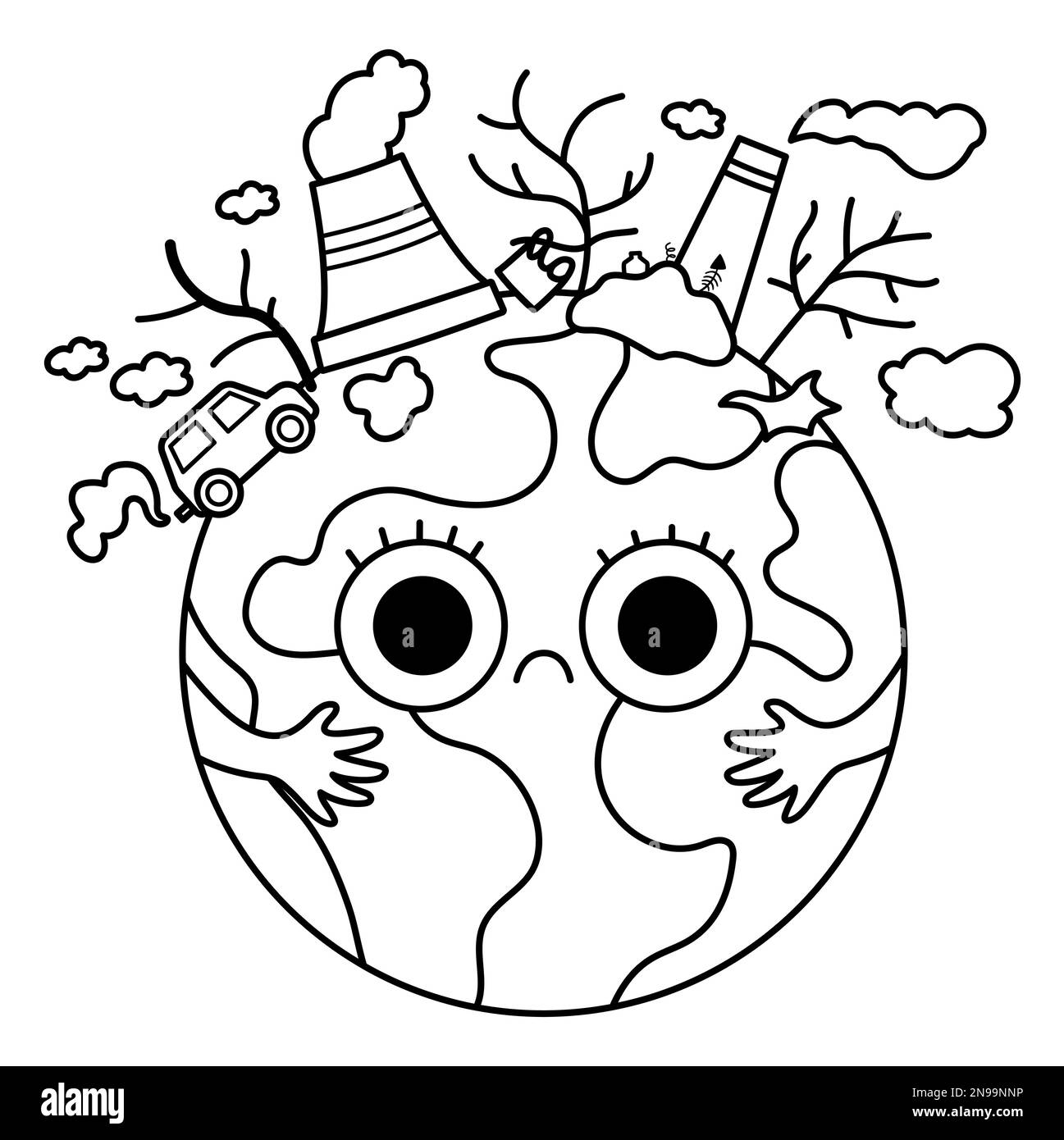 Terra Vector bianco e nero per bambini. Illustrazione della linea del giorno della terra con il pianeta contaminato kawaii triste. Icona ecologica o pagina da colorare con gl Illustrazione Vettoriale