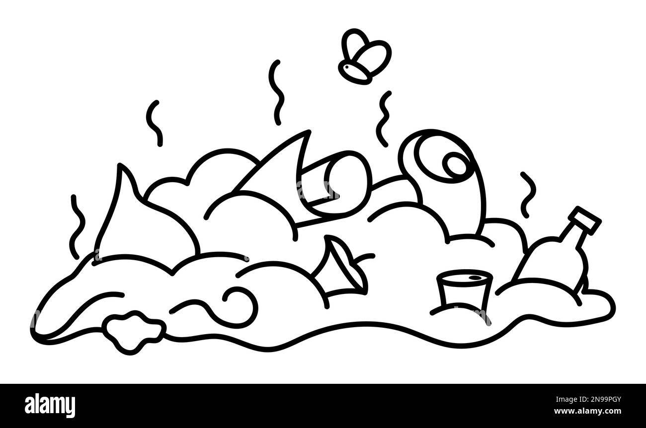 Icona di scarico rifiuti in bianco e nero vettoriale. Illustrazione della linea di raccolta degli odori. Pagina di colorazione del mucchio di rifiuti. Organico, carta, metallo, vetro, plastica garba Illustrazione Vettoriale