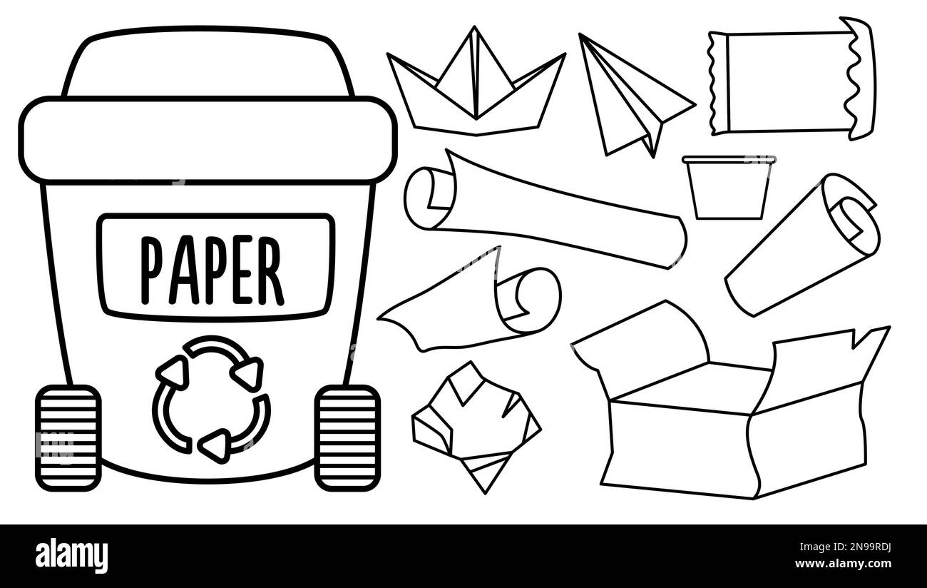 Cestino bianco e nero per rifiuti di carta con rifiuti diversi. Concetto di  riciclaggio e smistamento dei rifiuti o pagina di colorazione. Contenitore dei  rifiuti vettoriali e l Immagine e Vettoriale - Alamy