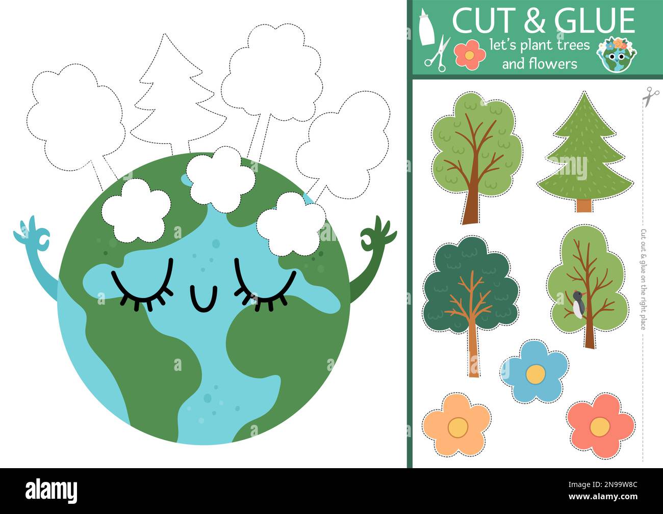 Taglio ecologico vettoriale e attività di colla. Creazione di gioco con il pianeta e gli alberi. Divertente foglio di lavoro stampabile per i bambini. Trova il pezzo giusto del puzzle Illustrazione Vettoriale