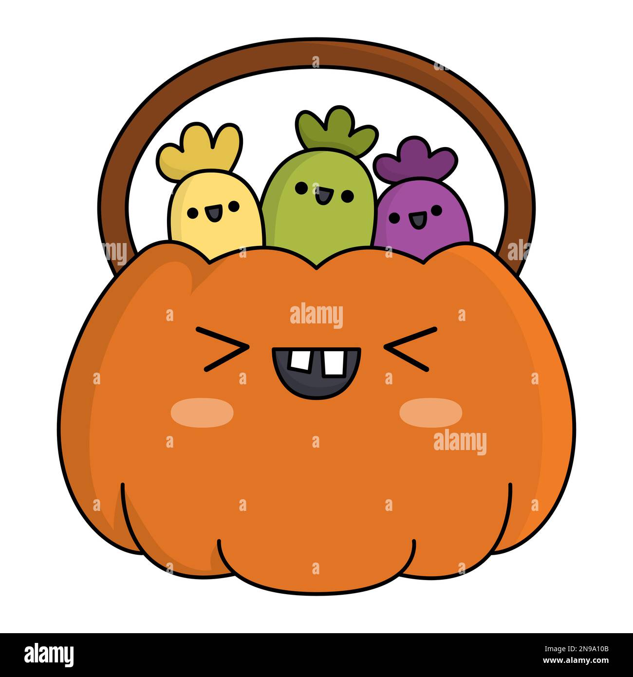 Borsa vettoriale kawaii jack-o-lantern con dolci. Carino sorridente Halloween personaggio per i bambini. Autunno divertente tutti i santi giorno cartone animato spaventoso zucca trucco o tr Illustrazione Vettoriale