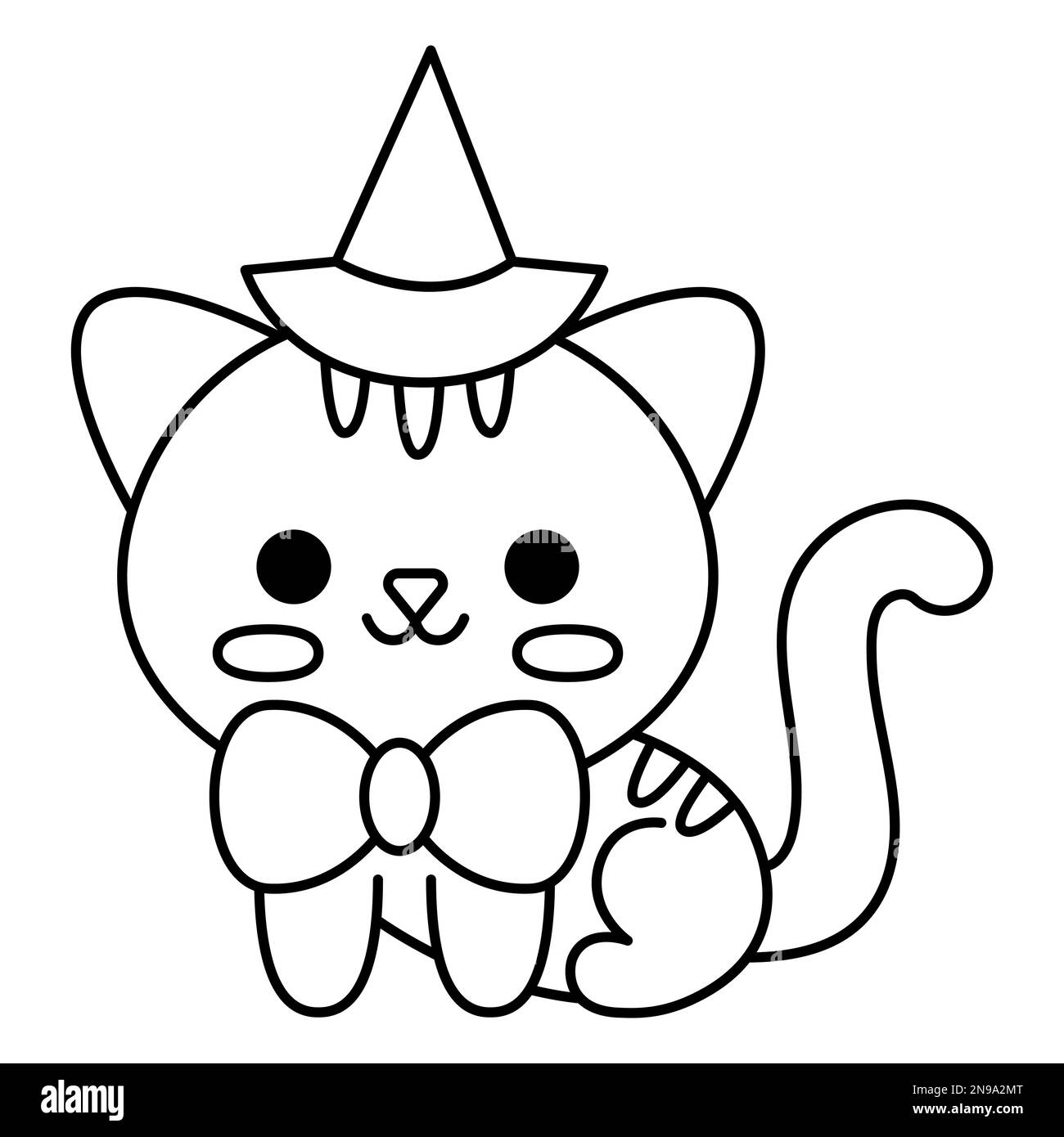 Kawaii Vector nero e bianco seduto gatto nero con arco viola. Carino sorridente Halloween linea personaggio per i bambini. Autunno divertente tutti i santi giorno cartoon a Illustrazione Vettoriale