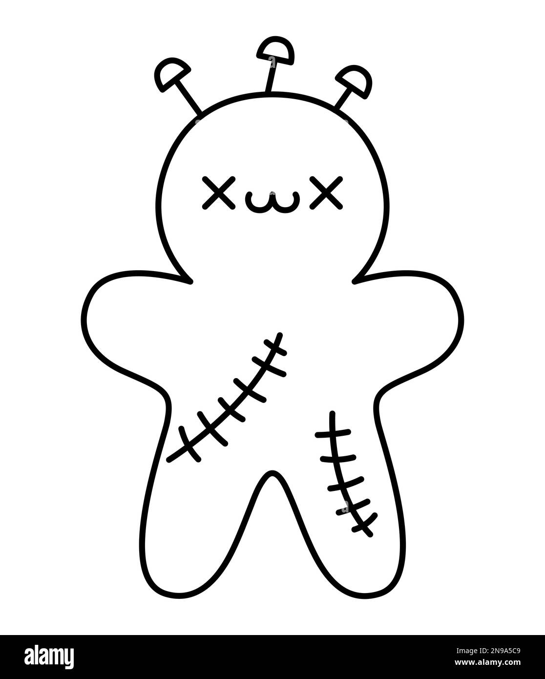 Bambola voodoo Kawaii vettoriale in bianco e nero. Carino sorridente Halloween linea personaggio per i bambini. Divertente autunno tutti i santi giorno illustrazione cartoon. Samhain p Illustrazione Vettoriale