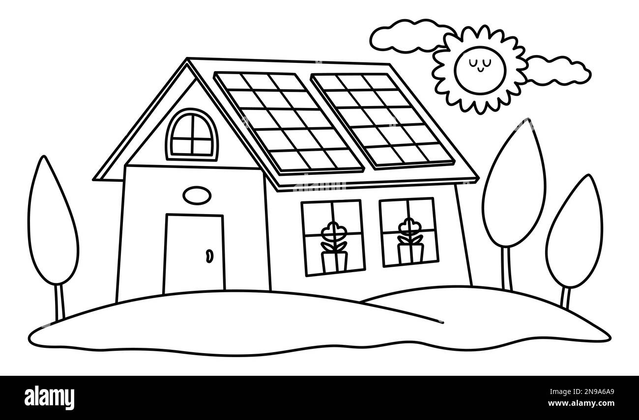 Icona Eco House in bianco e nero vettoriale. Concetto di linea domestica amichevole ambiente con gli alberi e i pannelli solari. Ecologia paese stile di vita illustrazione. Illustrazione Vettoriale