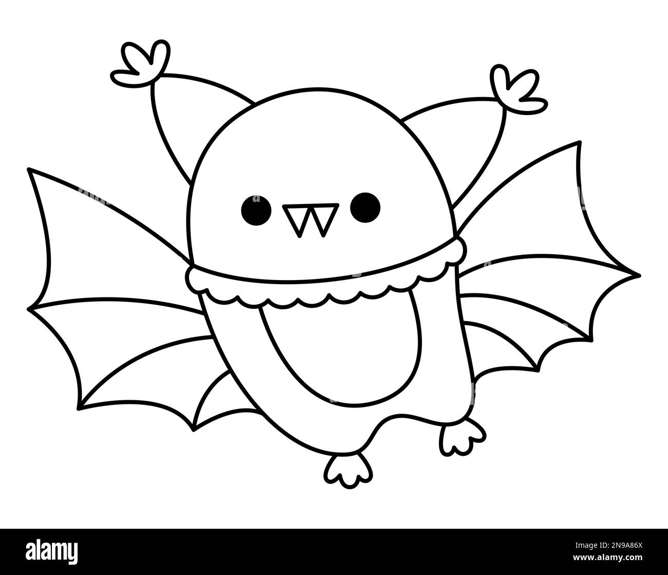 Kawaii bat vettoriale in bianco e nero. Carino sorridente Halloween linea personaggio per i bambini. Autunno divertente tutti i santi giorno cartone animato animale con ali sparse illust Illustrazione Vettoriale