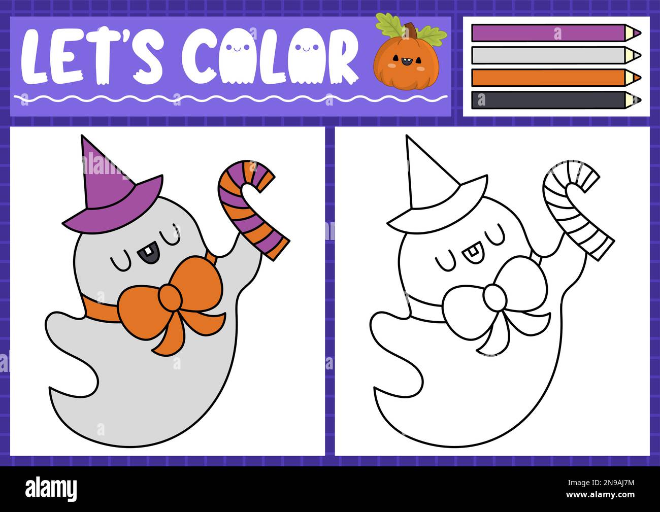 Halloween colorazione pagina per bambini con carino kawaii fantasma, canna da zucchero. Illustrazione vettoriale delle vacanze autunnali. Libro a colori per bambini con colorato Illustrazione Vettoriale