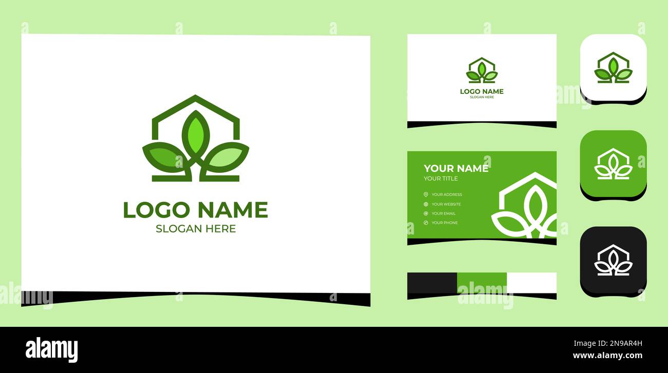 Modello Logo Home creativa e foglia, concetto ecologico. Modello creativo con tavolozza colori, branding visivo, biglietto da visita e icona. Illustrazione Vettoriale