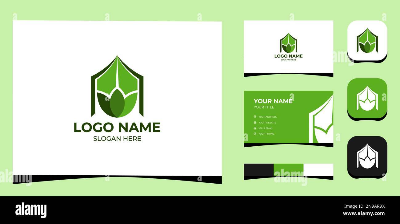 Modello Logo Home creativa e foglia, concetto ecologico. Modello creativo con tavolozza colori, branding visivo, biglietto da visita e icona. Illustrazione Vettoriale