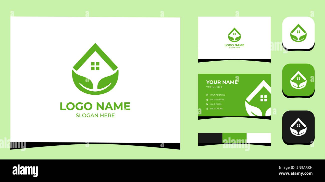 Modello Logo Home creativa e foglia, concetto ecologico. Modello creativo con tavolozza colori, branding visivo, biglietto da visita e icona. Illustrazione Vettoriale
