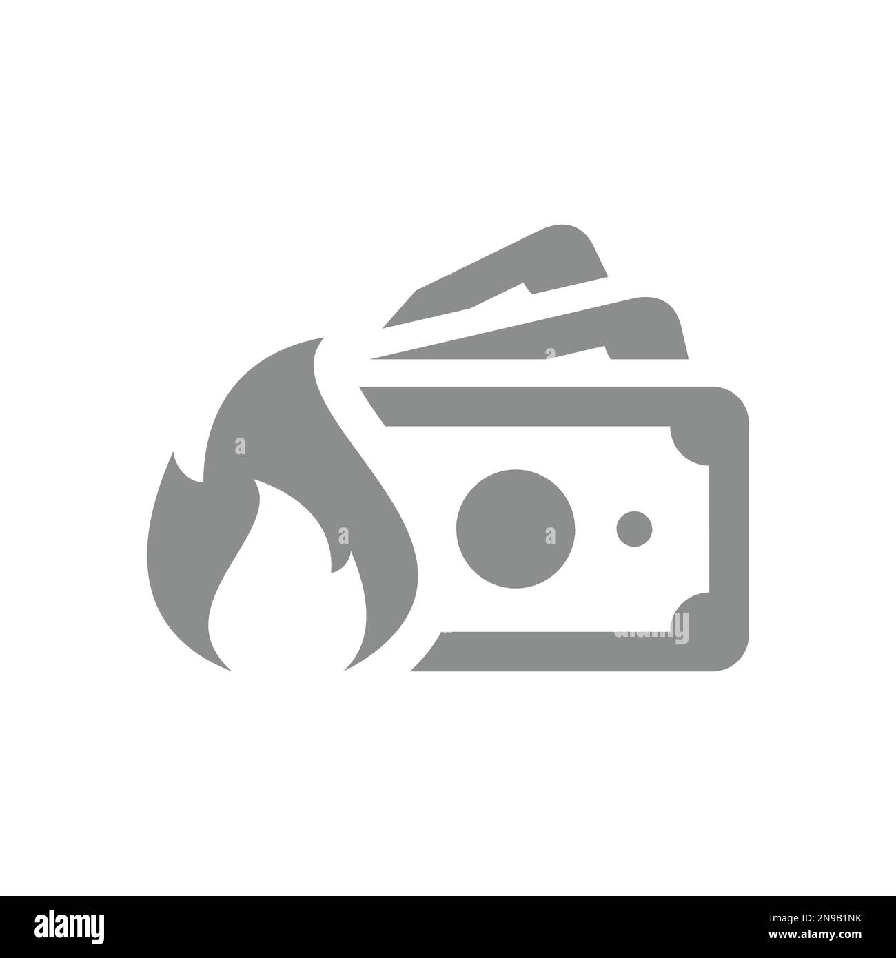 Bolletta del dollaro, pila di banconote e fuoco o icona vettore di fiamma. Bruciare soldi, simbolo di inflazione. Illustrazione Vettoriale