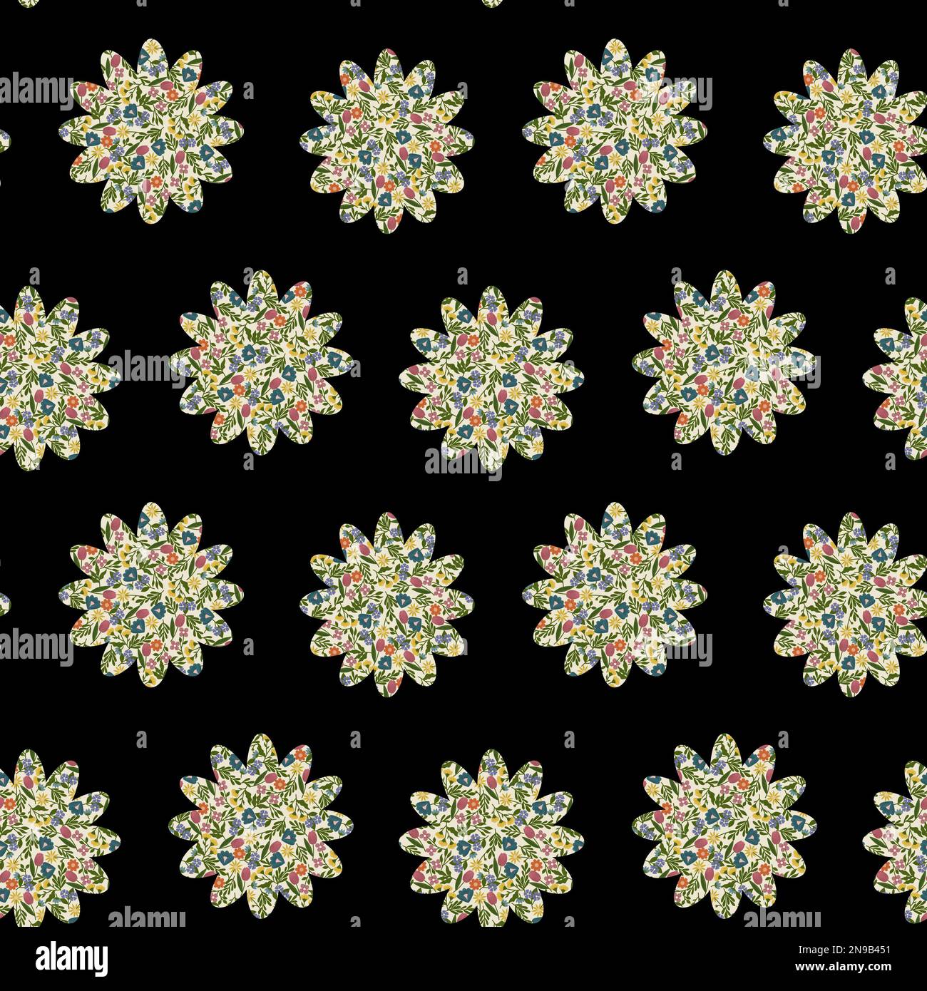 Motivo a mosaico senza cuciture con elementi floreali e forma floreale su sfondo nero. Patchwork su tutta la stampa Foto Stock