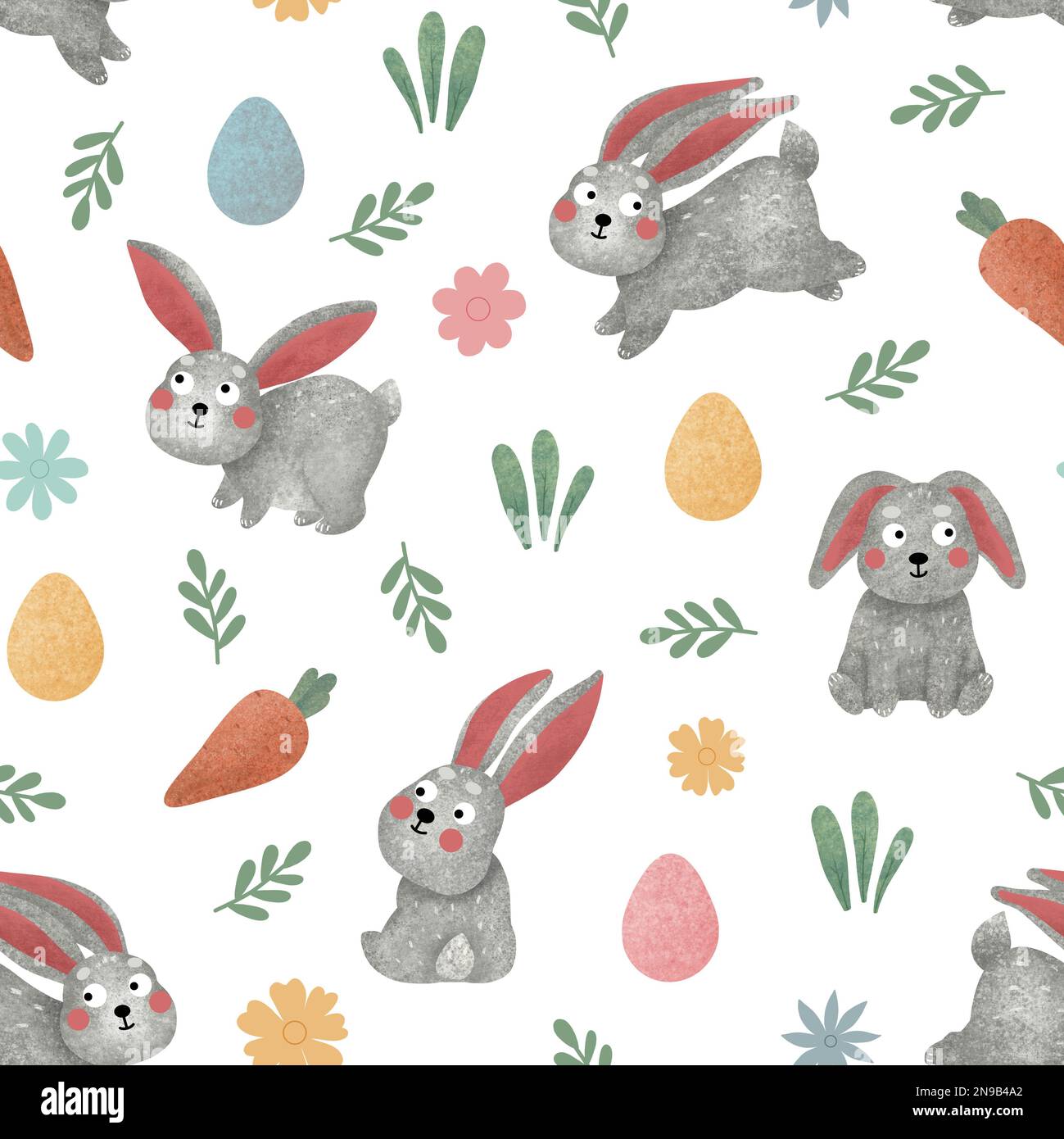 Modello senza giunture di coniglio. Carino greggi textured, carote e fiori su sfondo bianco. Illustrazione raster degli animali per bambini Foto Stock