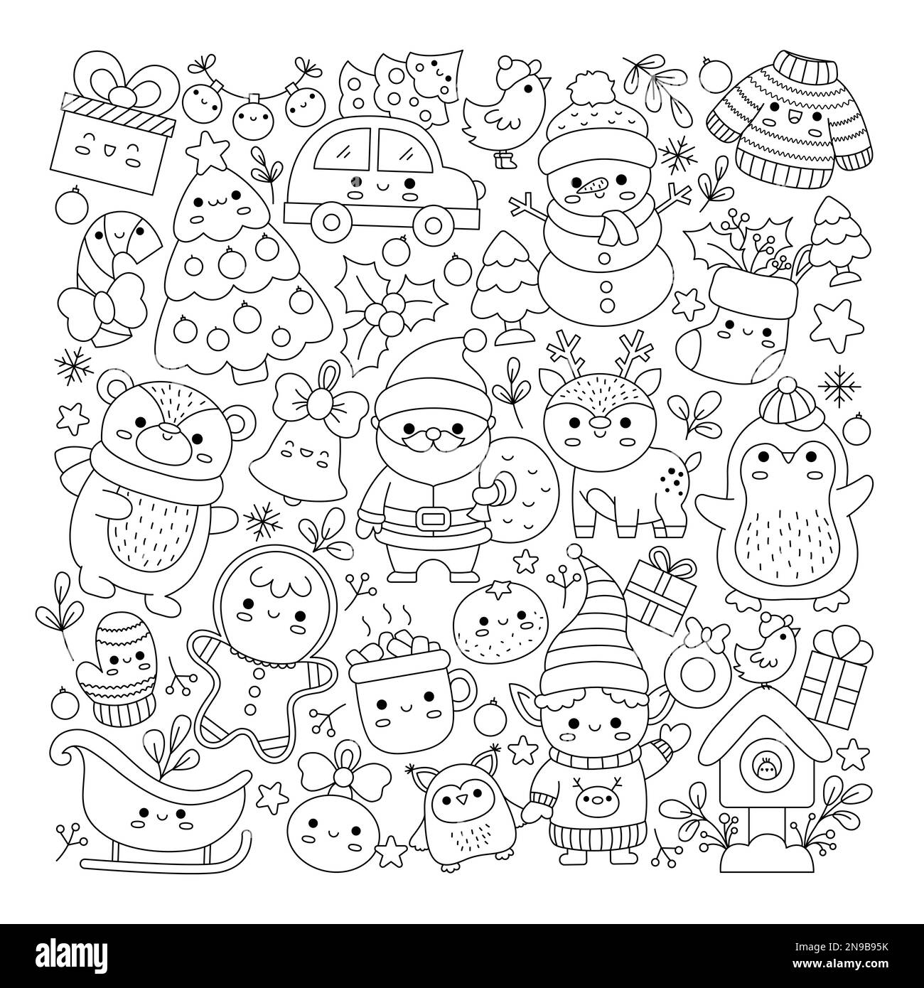 Pagina da colorare Vector Christmas Square line per bambini con carini personaggi kawaii. Bianco e nero inverno o Capodanno con divertente SA Illustrazione Vettoriale