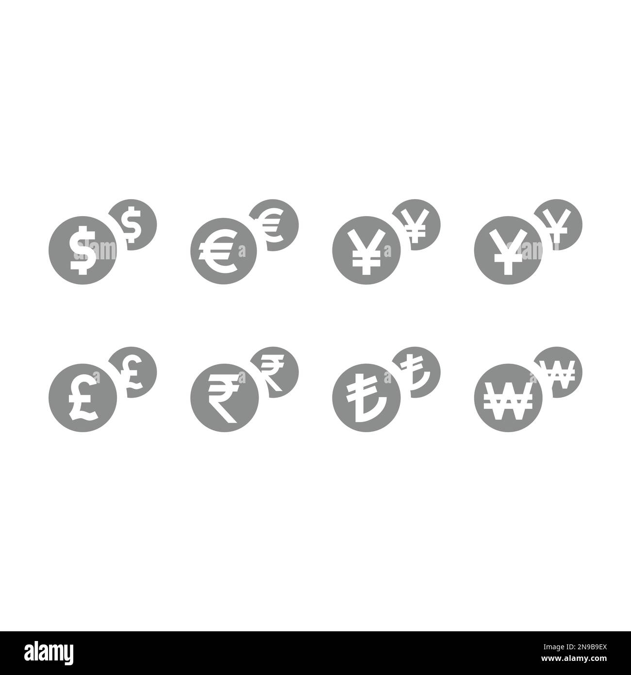 Moneta in moneta, gettoni icona set. Icone delle valute mondiali, del dollaro, della sterlina e dell'euro. Illustrazione Vettoriale