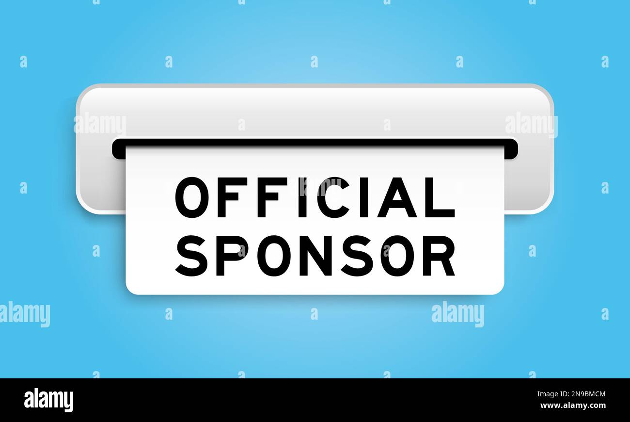 Banner coupon bianco con parola sponsor ufficiale da macchina su sfondo di colore blu Illustrazione Vettoriale