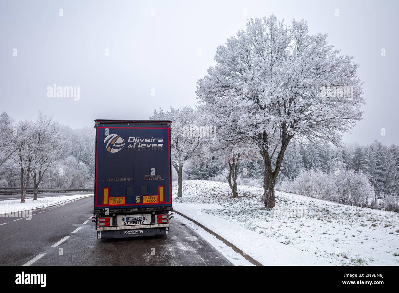 Geisingen, Germania - 18 dicembre 2022: Camion e prima neve a una fermata di sosta autostradale nella Foresta Nera, Germania Foto Stock