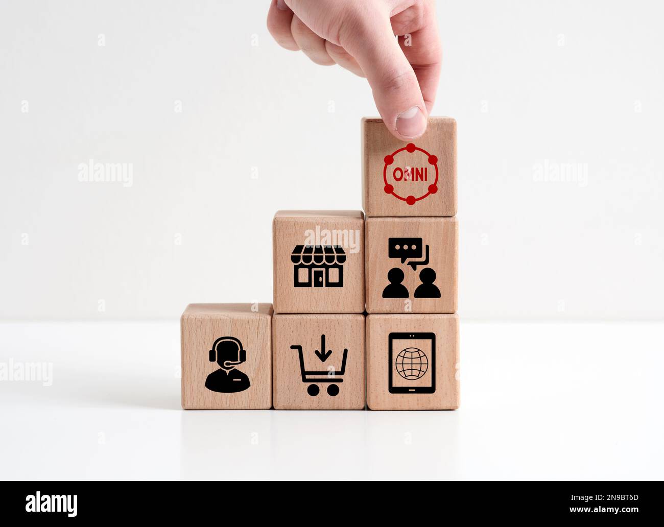 Concetto di marketing Omni Channel. Marketing online digitale. Mano mette cubo di legno con omni testo su cubi di legno con simboli di marketing. Foto Stock