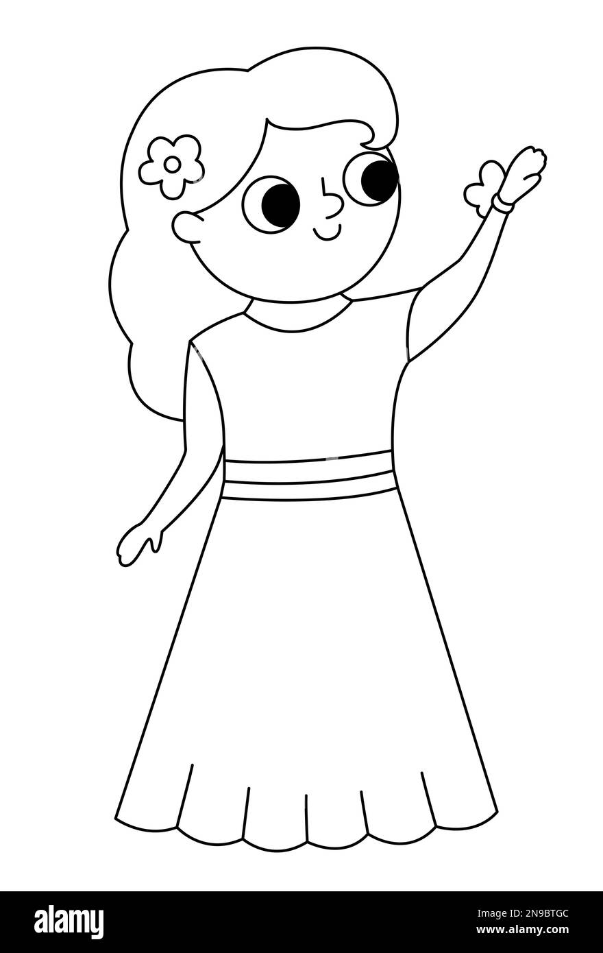 Illustrazione della sirena in bianco e nero vettoriale. Cute linea ragazza in abito con fiore in capelli. Icona della cerimonia nuziale. Fumetto ospite matrimonio. Elegante WO Illustrazione Vettoriale