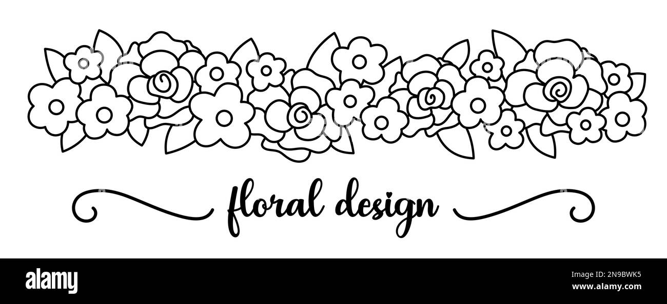 Elemento decorativo orizzontale floreale in bianco e nero vettoriale. Illustrazione piatta con fiori di rosa, foglie, rami. Bella primavera, estate o w Illustrazione Vettoriale