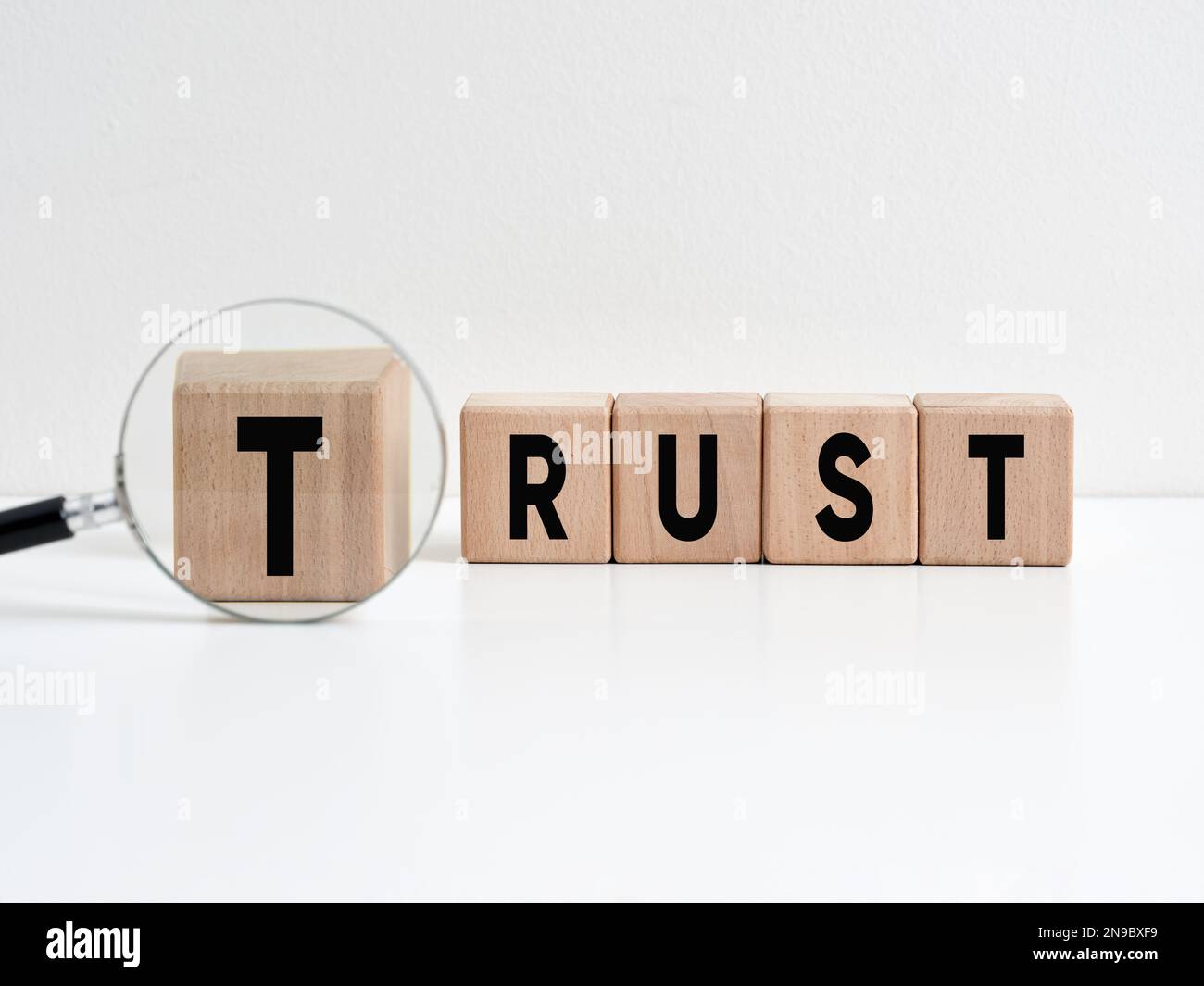 Ricerca di una partnership aziendale basata sulla fiducia. Partner fidato. La parola fiducia su cubi di legno con una lente d'ingrandimento. Foto Stock