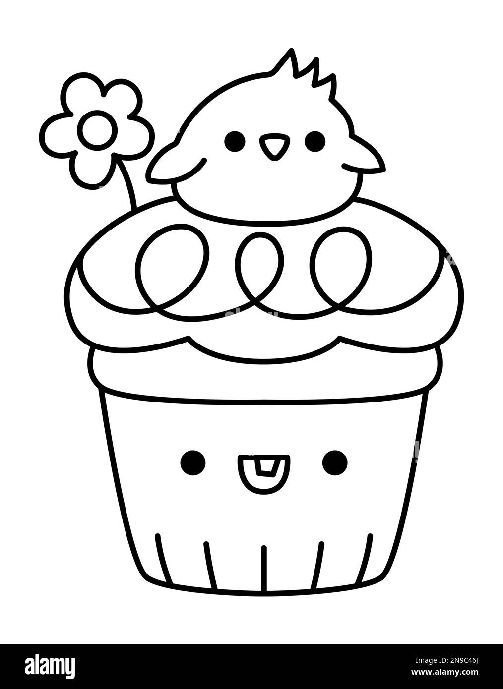 Cupcake pasquale Vector bianco e nero per bambini. Carina torta kawaii tazza con glassa, fiore e pulcino in cima. Divertente personaggio dei cartoni animati. Primavera tradizionale Illustrazione Vettoriale