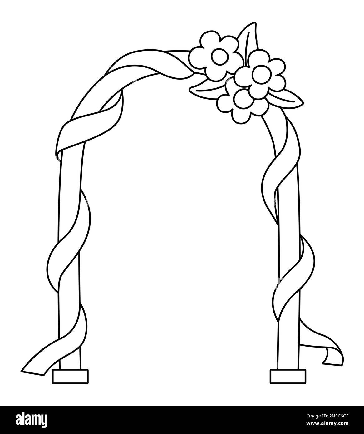 Arco di nozze in bianco e nero vettoriale con fiori e nastro. Carino linea di matrimonio elemento clipart per sposa e sposo. Accessorio coppia appena sposata. CA Illustrazione Vettoriale