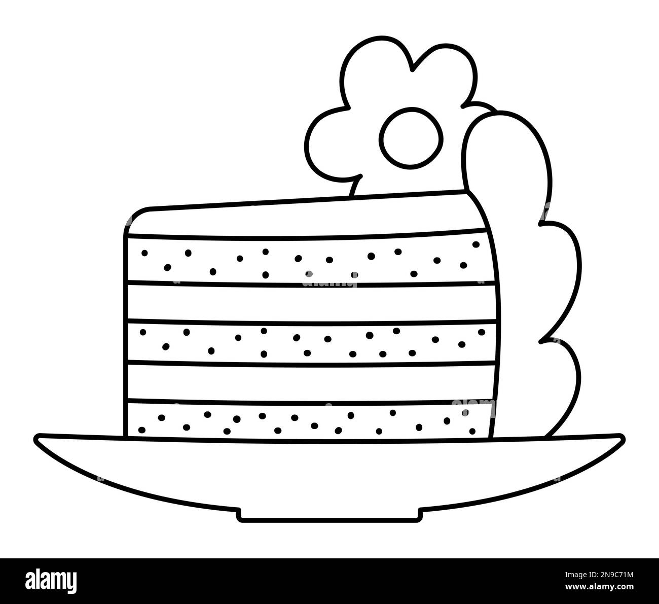 Torta di nozze Vector bianco e nero su un piatto con fiore, crema. Elemento clipart linea di matrimonio carino. Appena sposato coppia dessert colorazione pagina Illustrazione Vettoriale