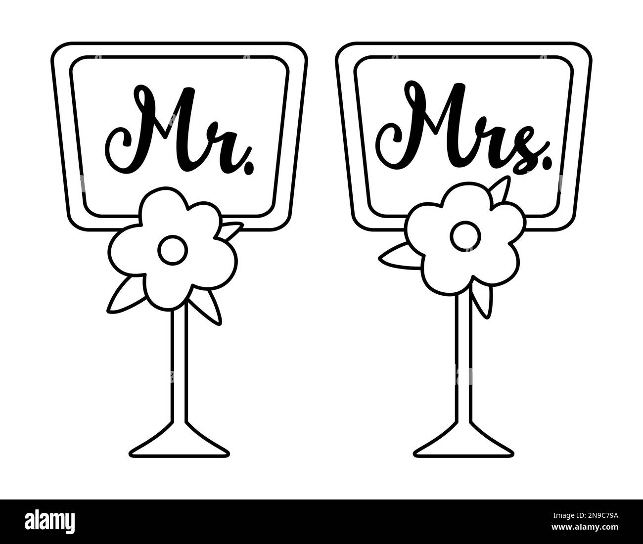 Vector bianco e nero tavola da pranzo con MR. E Mrs. Iscrizione. Carino linea di matrimonio simbolo elemento clipart per sposa e sposo. Giusto Illustrazione Vettoriale