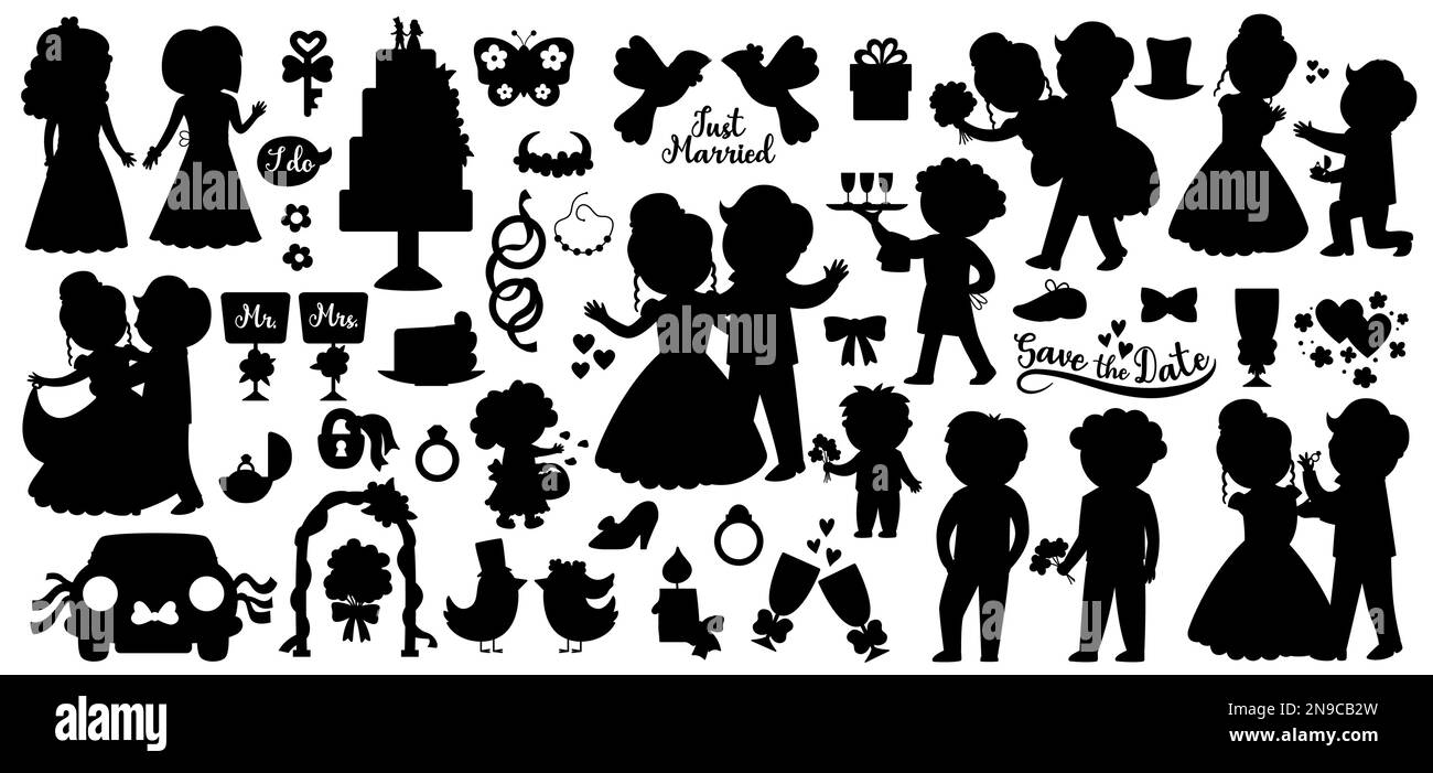 Set di silhouette per matrimoni Vector. Cerimonia di matrimonio nero icone collezione con appena sposato coppia, sposa, sposo, bridesmaids, torta, anelli. Carino matrim Illustrazione Vettoriale