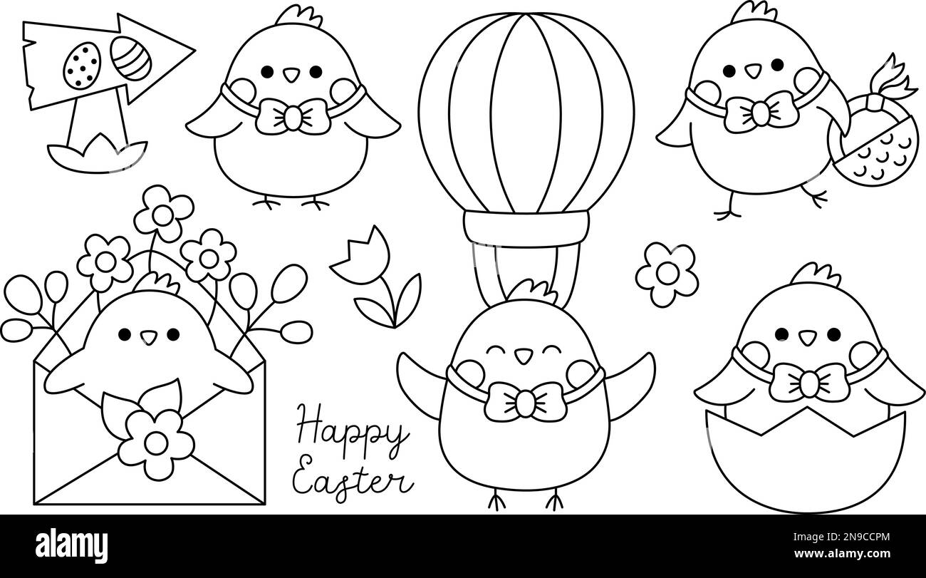 Pulcini pasquali Vector in bianco e nero per bambini. Carino linea kawaii polli collezione. Divertenti personaggi dei cartoni animati. Tradizionale vacanza primaverile simbolo i Illustrazione Vettoriale