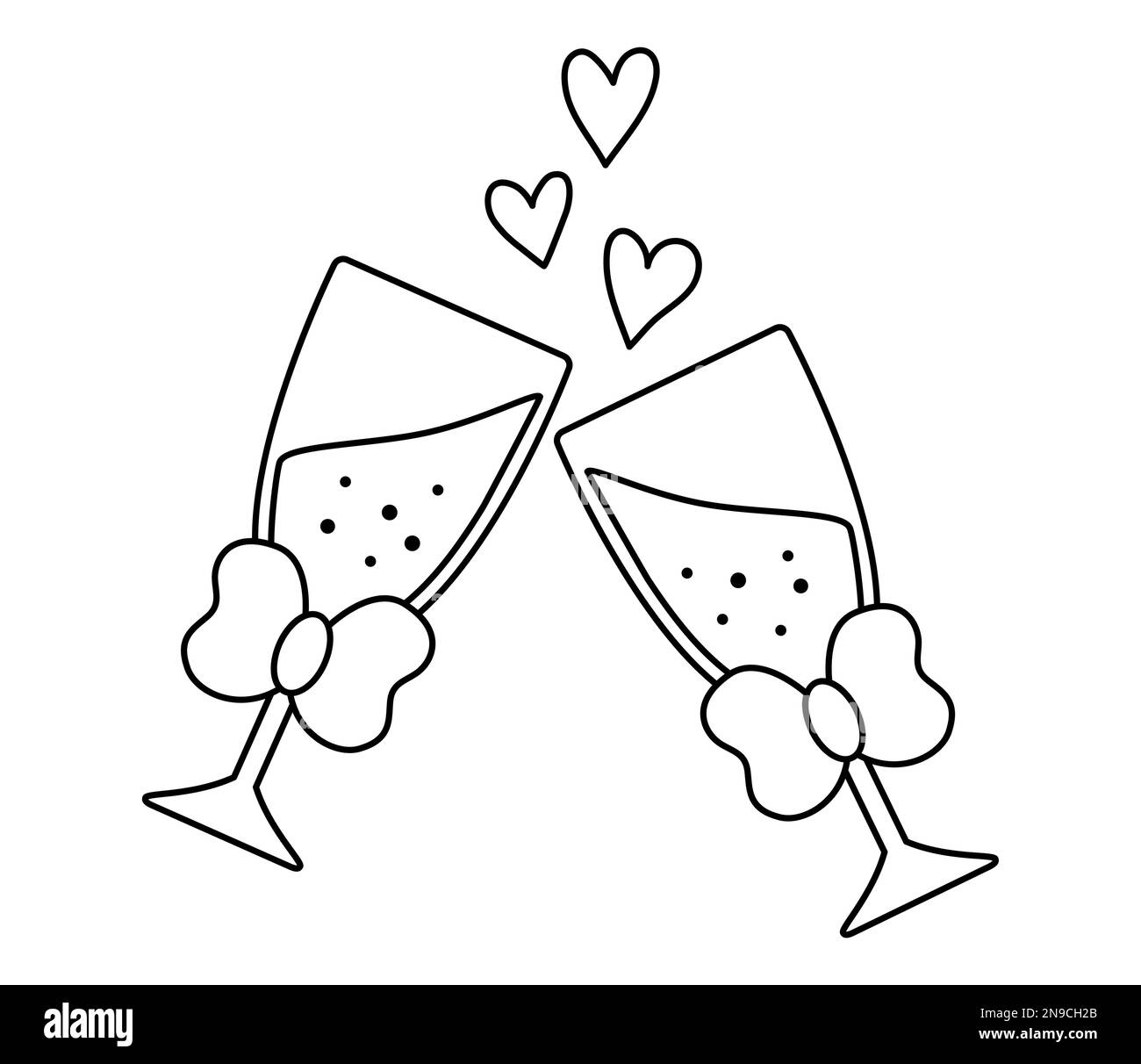 Occhiali da sposa Vector in bianco e nero con fiocco e spumante. Carino simbolo di matrimonio elemento clipart per sposa, sposo. Appena sposato colpo di stato Illustrazione Vettoriale