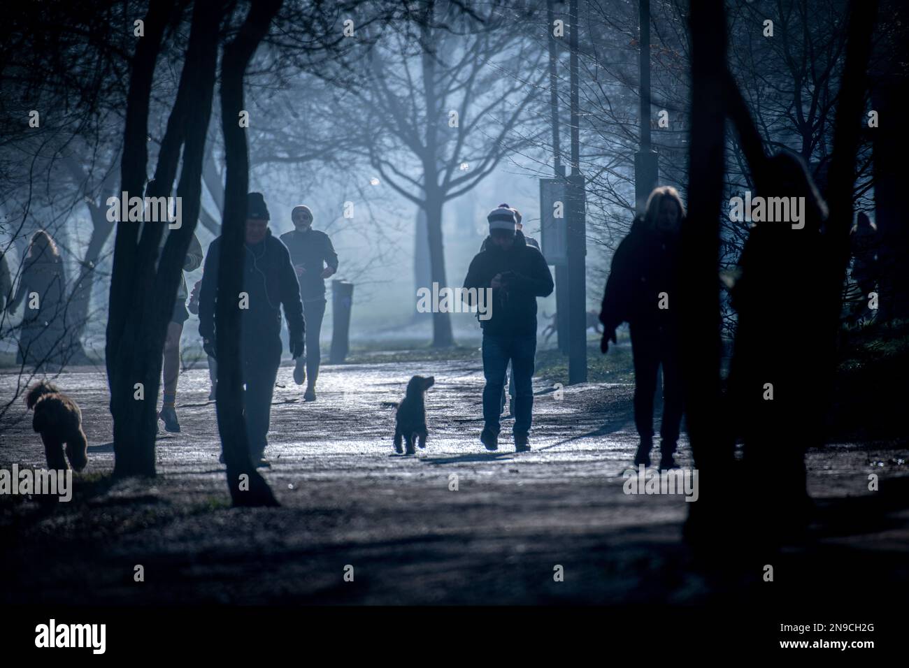 Passeggiate in un parco di Londra misteriosa in inverno Foto Stock
