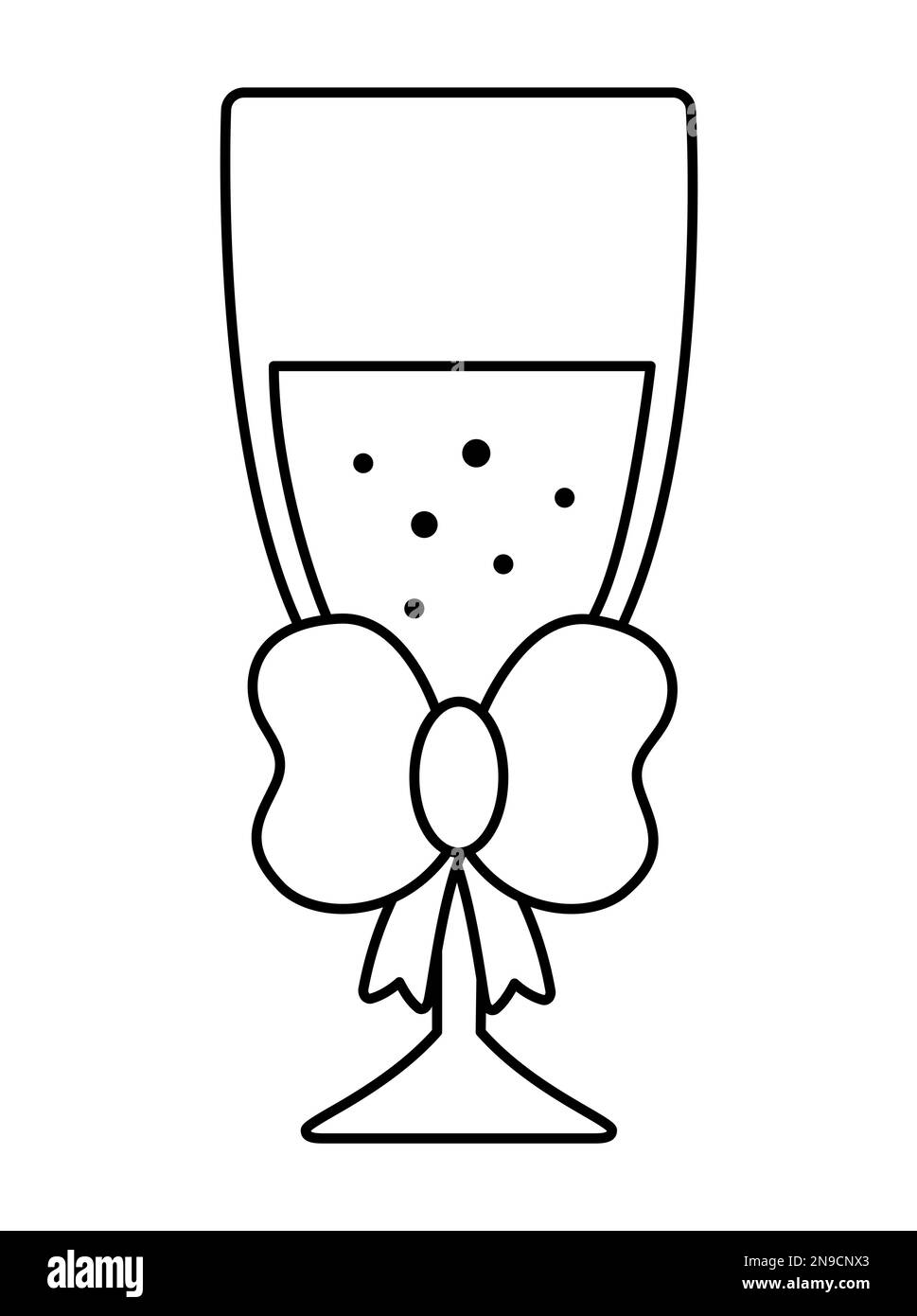 Vetro da sposa Vector bianco e nero con arco e spumante. Linea carino simbolo di matrimonio elemento clipart per sposa, sposo. Appena sposato coppia dec Illustrazione Vettoriale