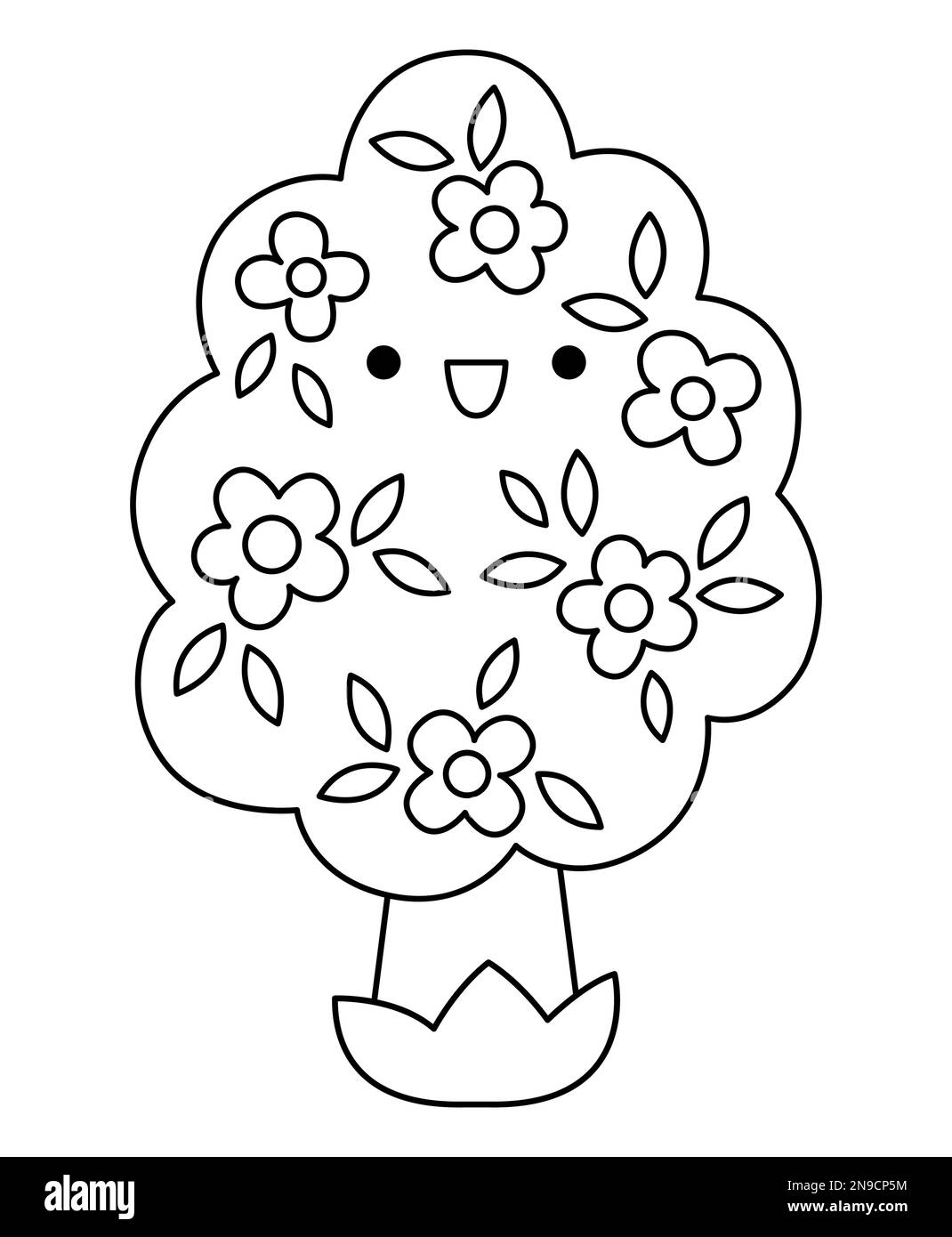 Kawaii vettoriale in bianco e nero icona albero fioritura per bambini. Cute linea simbolo di Pasqua illustrazione o pagina da colorare. Divertente personaggio dei cartoni animati. Adorabile Illustrazione Vettoriale