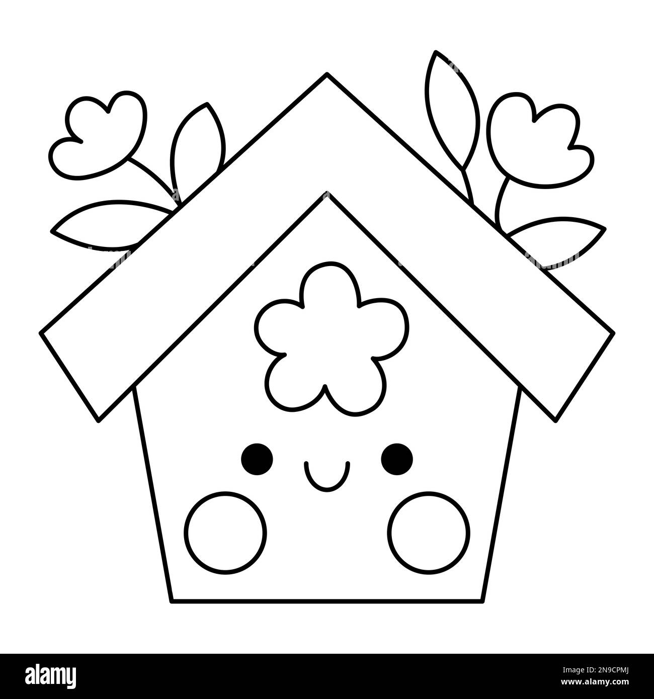 Icona vettoriale kawaii birdhouse in bianco e nero per bambini. Cute linea simbolo di Pasqua illustrazione o pagina da colorare. Divertente personaggio dei cartoni animati. Adorabile primavera Illustrazione Vettoriale