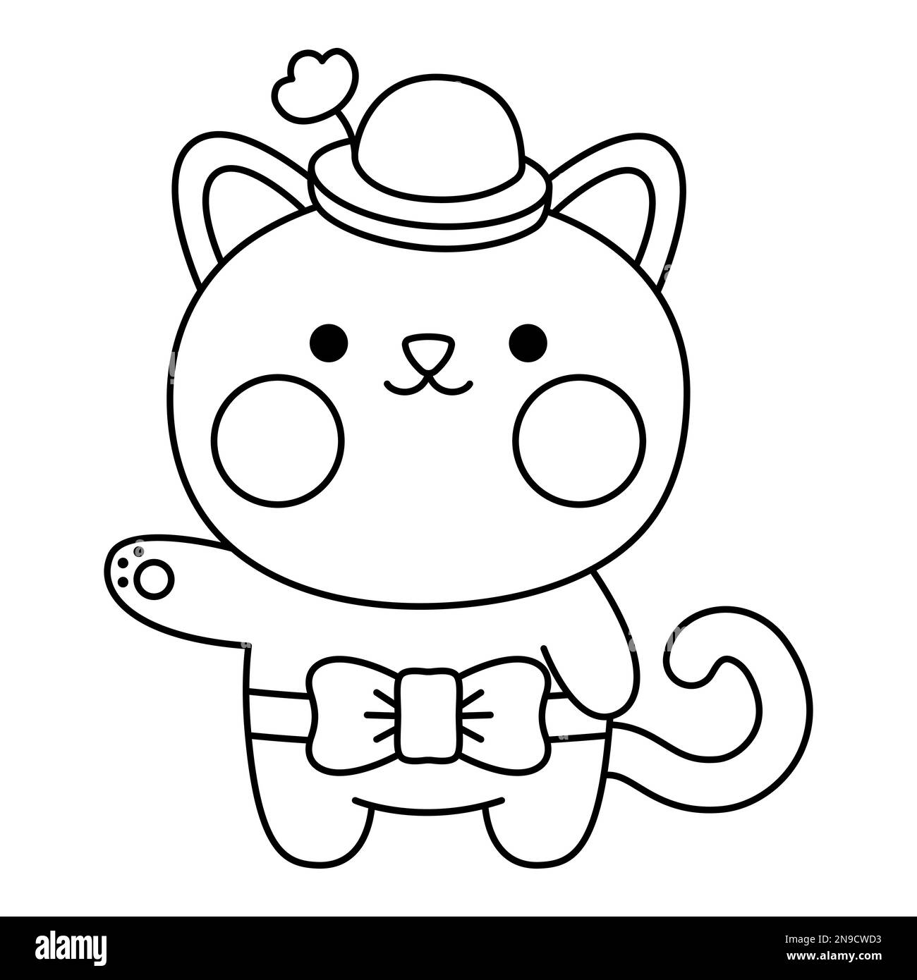 Icona vettoriale in bianco e nero kawaii gatto per bambini. Cute linea animale illustrazione o colorazione pagina. Divertente personaggio dei cartoni animati. Adorabile clipart gattino con Illustrazione Vettoriale