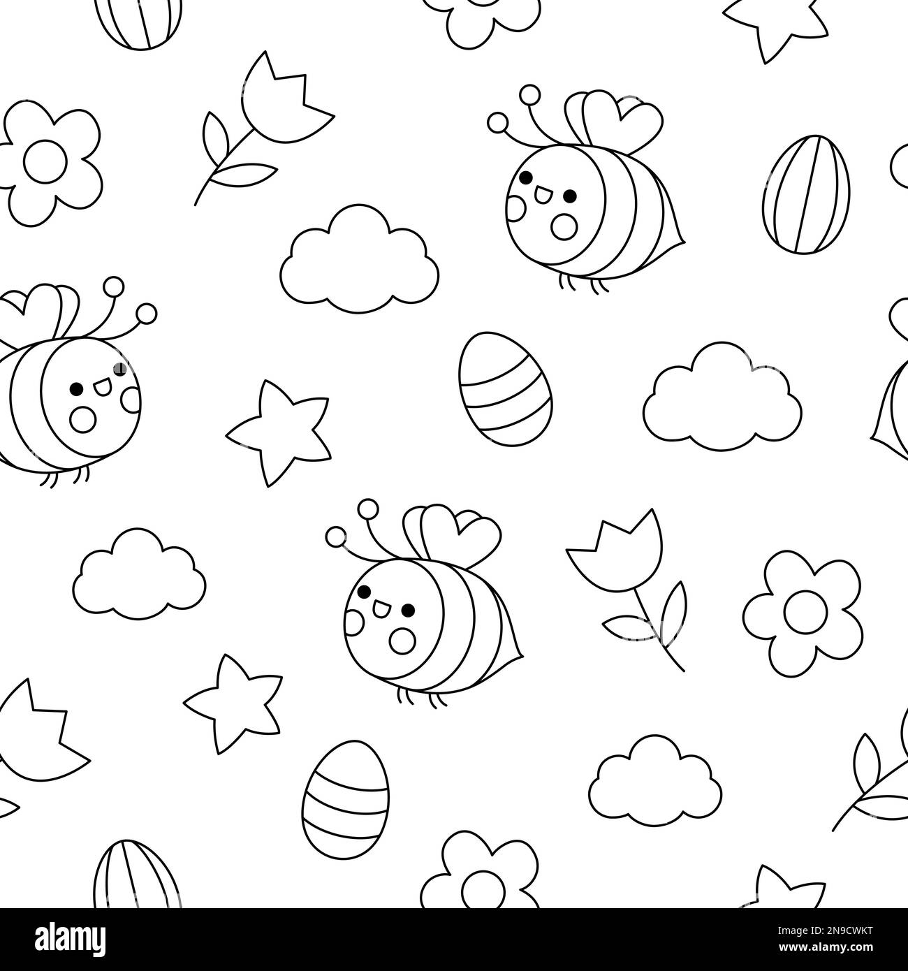 Kawaii Vector bianco e nero modello di Pasqua o primavera senza cuciture per bambini. Carino sfondo di ripetizione cartoon, colorazione pagina. Simboli tradizionali digitali p Illustrazione Vettoriale