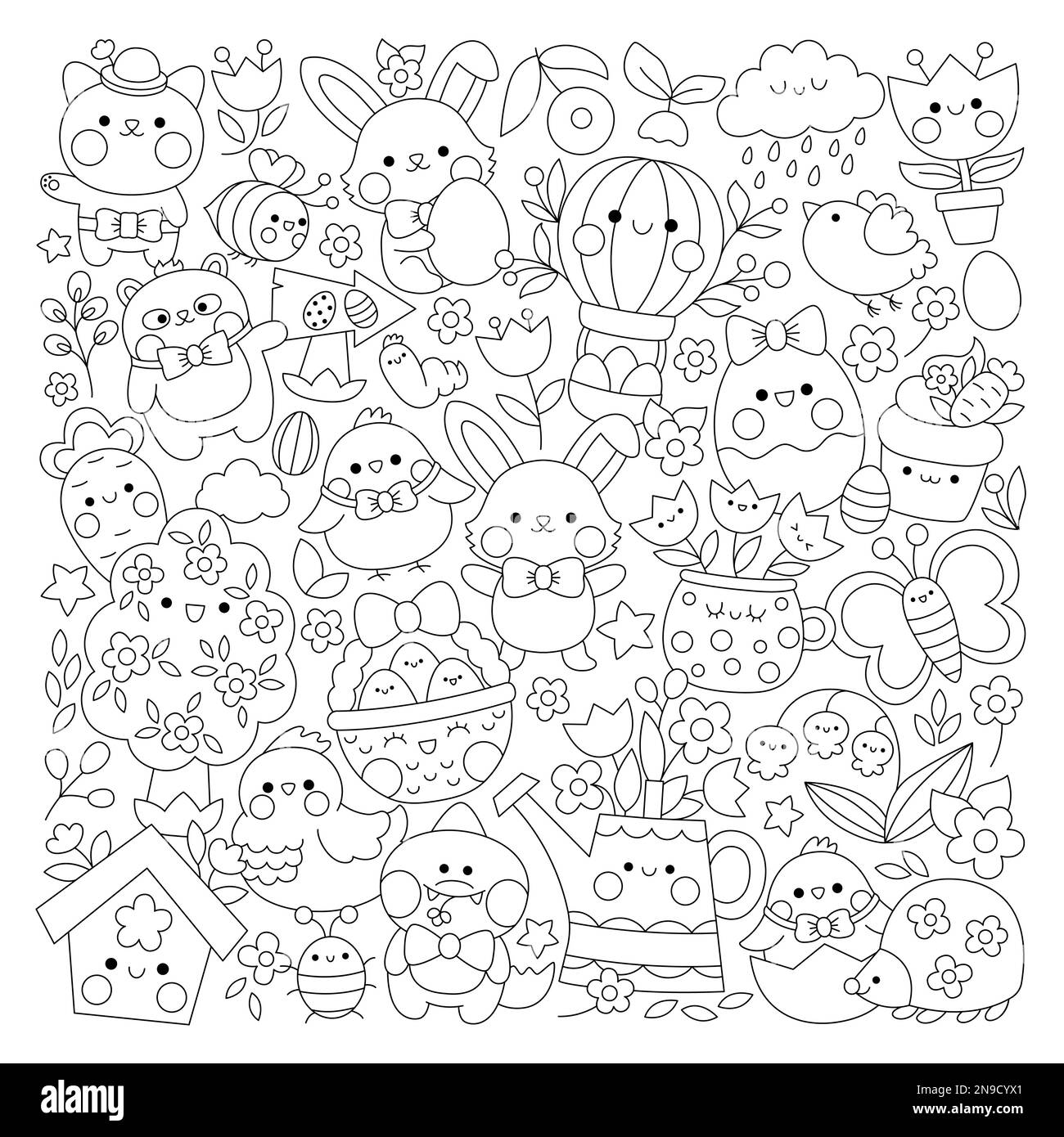 Pagina da colorare di linea quadrata Vector Easter per bambini con carini personaggi kawaii. Bianco e nero primavera vacanza illustrazione con divertente coniglietto, pulcini, un Illustrazione Vettoriale