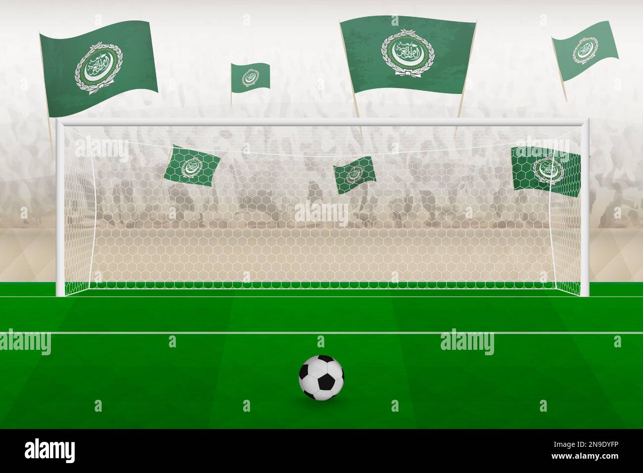 Tifosi della squadra di calcio della Lega Araba con bandiere di tifosi della Lega Araba sullo stadio, calcio di punizione in una partita di calcio. Illustrazione del vettore sportivo. Illustrazione Vettoriale