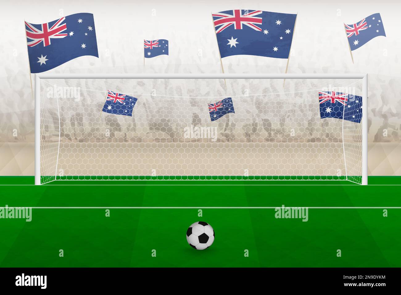 Tifosi della squadra di calcio australiana con bandiere di tifo australiane allo stadio, calcio di punizione in una partita di calcio. Illustrazione del vettore sportivo. Illustrazione Vettoriale