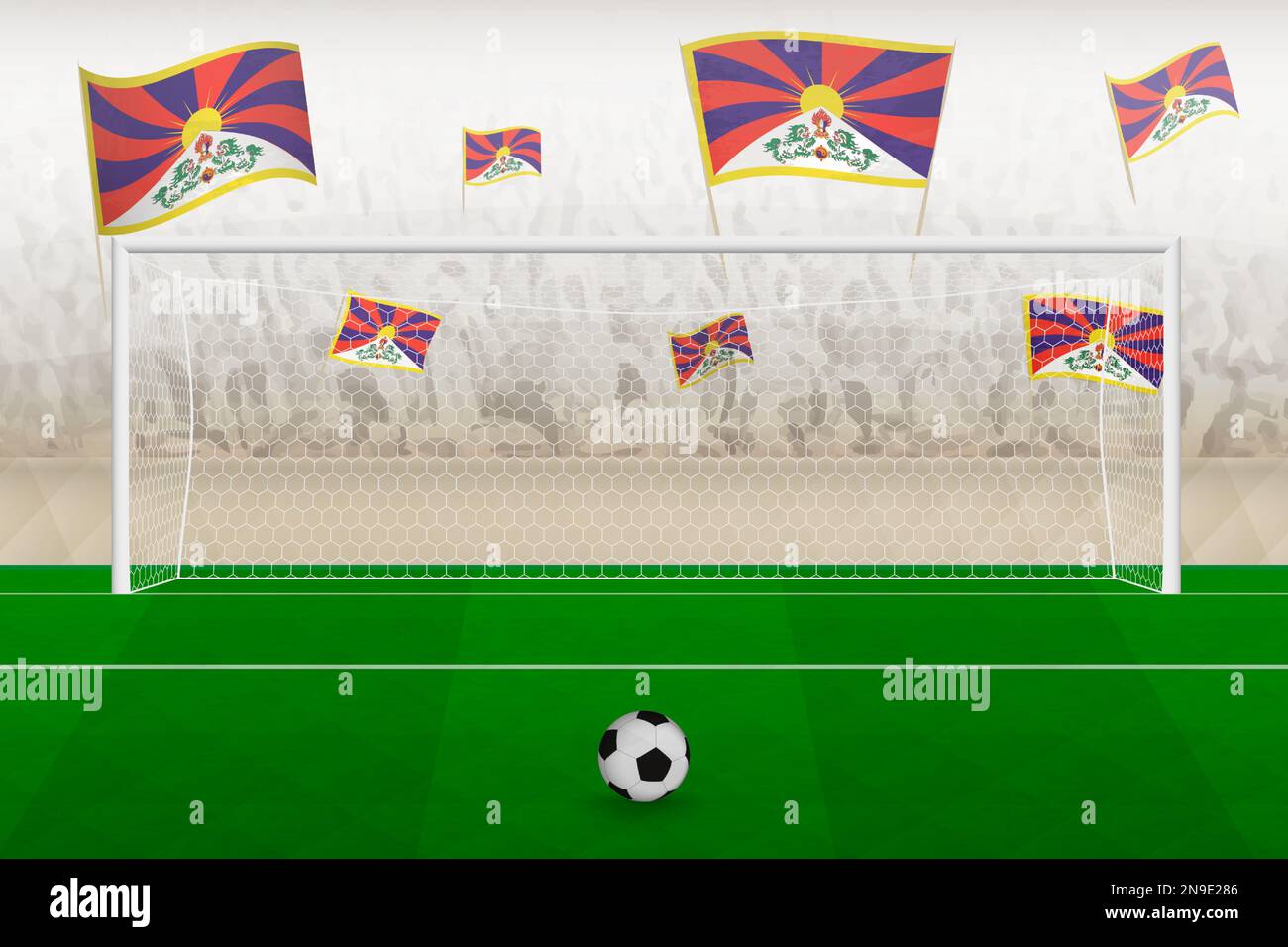 Tifosi della squadra di calcio del Tibet con bandiere del Tibet che allietano lo stadio, concetto di calcio di Punizione in una partita di calcio. Illustrazione del vettore sportivo. Illustrazione Vettoriale