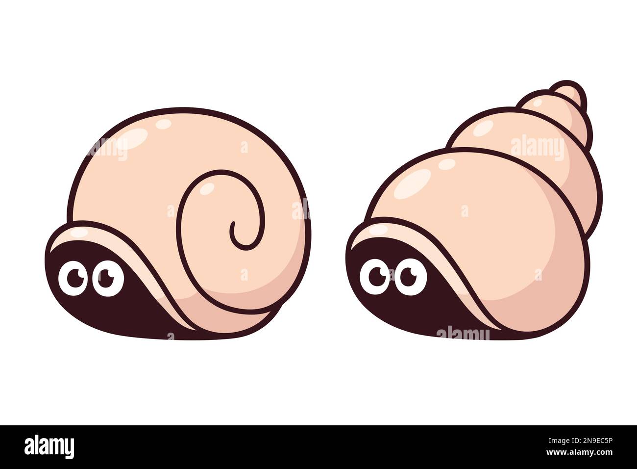 Due graziose lumache di cartoni animati che si nascondono nelle loro conchiglie con occhi spaventati. Illustrazione della clip vettoriale. Illustrazione Vettoriale