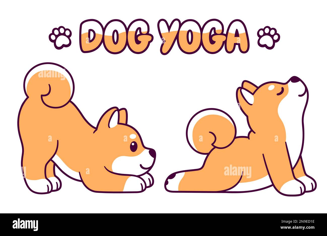 Carino cartone animato Shiba Inu fare yoga. Cucciolo di Kawaii in posizione verso l'alto del cane e verso il basso del cane. Illustrazione divertente della clip vettoriale. Illustrazione Vettoriale