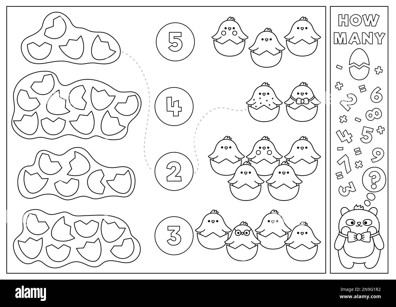 Pasqua gioco di corrispondenza bianco e nero con carino kawaii cova pulcini e gusci d'uovo. Attività matematica per le vacanze primaverili per i bambini. Conteggio stampabile Illustrazione Vettoriale
