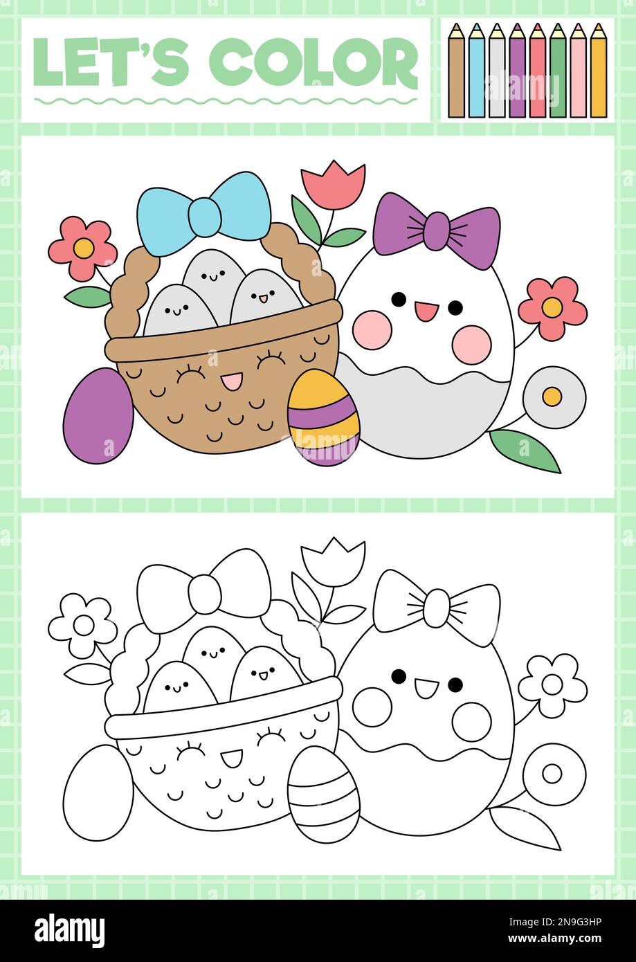 Pasqua pagina da colorare per i bambini con carino kawaii cestino e uovo. Vettore primavera vacanza contorno illustrazione. Libro a colori per bambini con esempio colorato Illustrazione Vettoriale