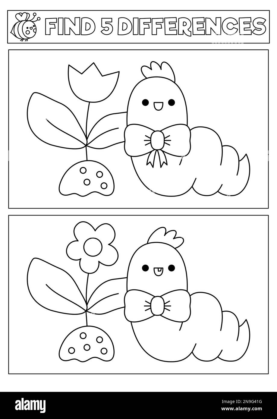 Giardino nero e bianco kawaii trovare differenze gioco. Pagina da colorare con cute caldo, fiore germoglio. Puzzle vacanze primavera per bambini con carattere divertente. Illustrazione Vettoriale