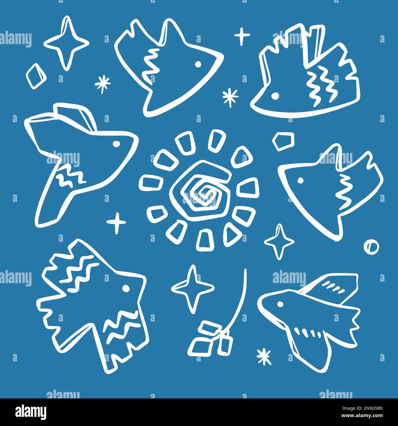 STAMPA ASTRATTA Contemporary Folk Doodle Modern African Sketch White Bird Sun and Star Shapes on Blue background Flat Design tessuto Matisse Illustrazione Vettoriale