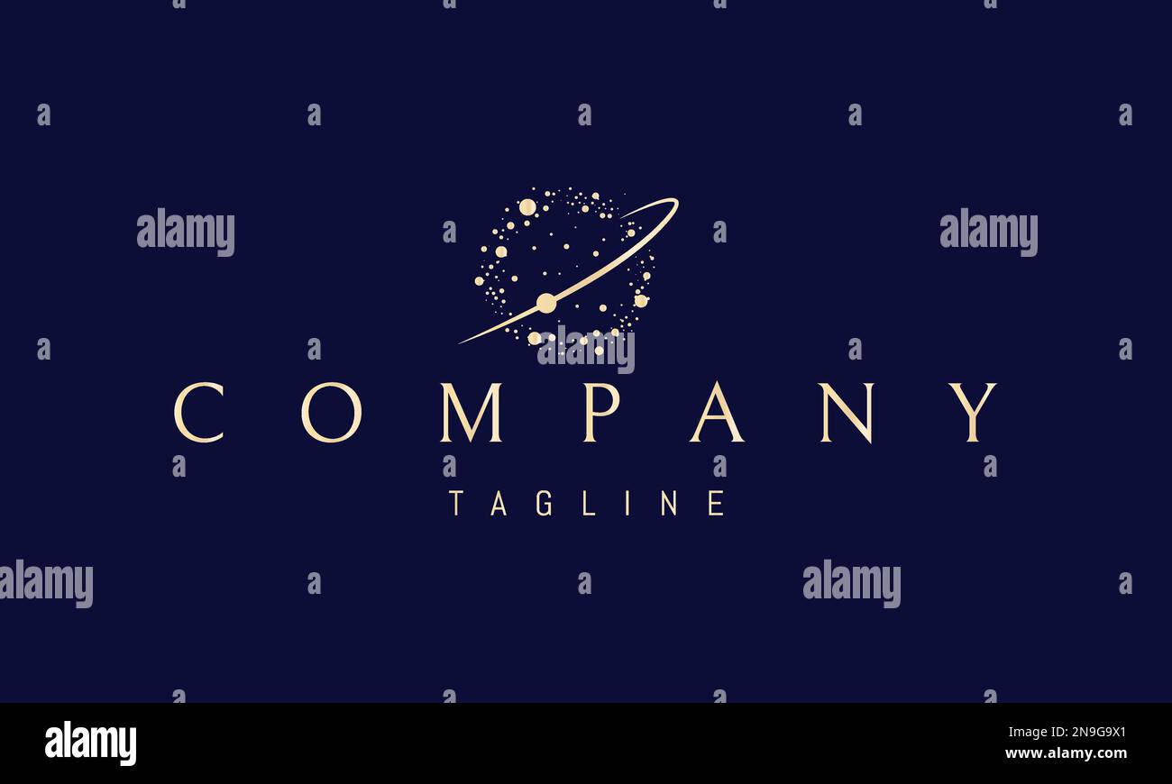 Logo Vector Golden su cui un'immagine astratta della polvere spaziale sotto forma di una palla con un'orbita. Illustrazione Vettoriale