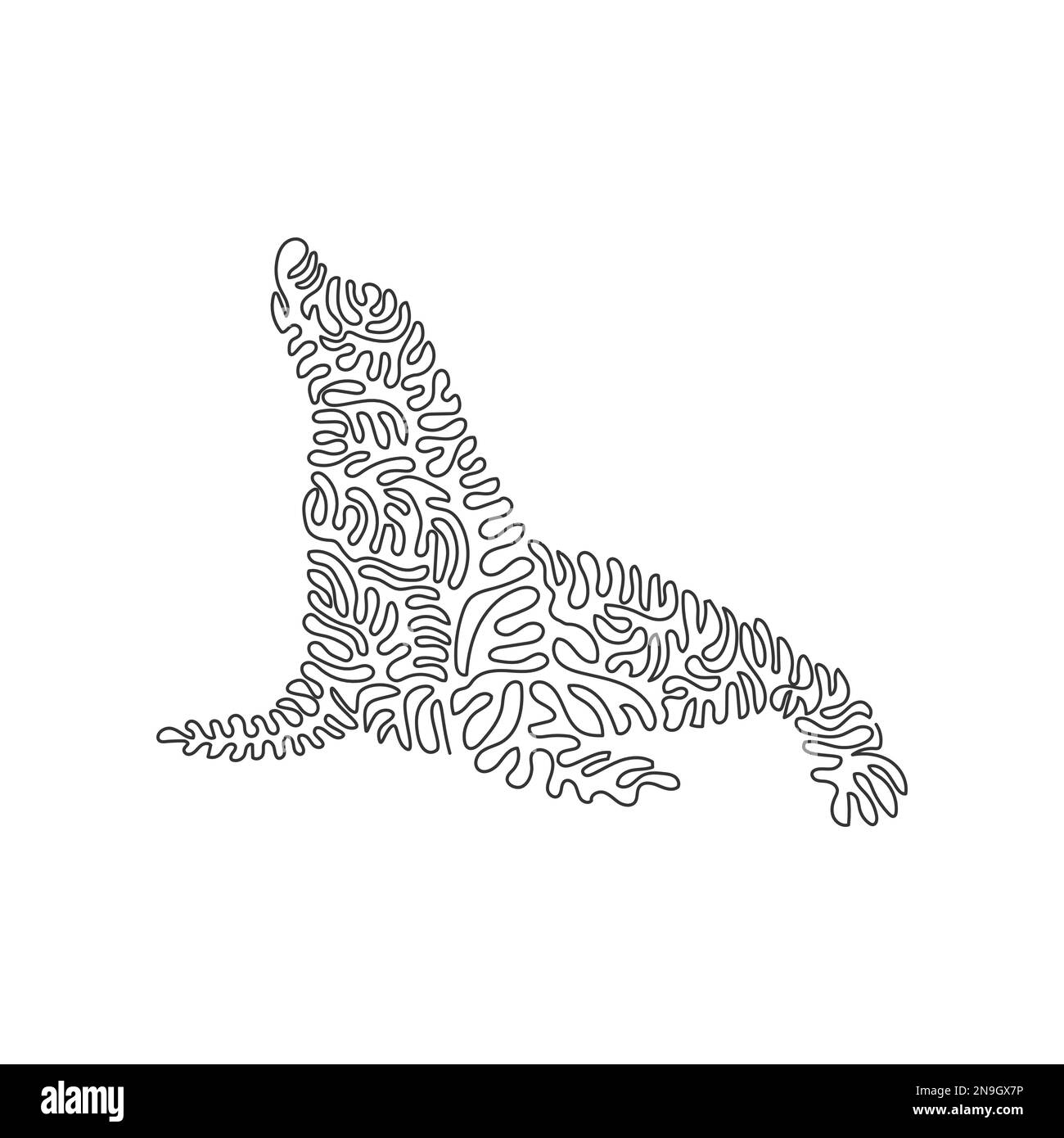 Curva continua disegno di una linea di adorabile leone di mare seduto. Immagine vettoriale del tratto modificabile a linea singola di leone marino a pinne lunghe Illustrazione Vettoriale