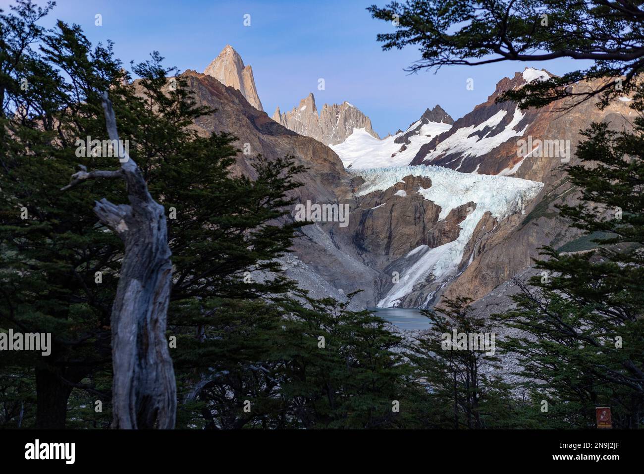 Bella Glaciar Piedras Blancas con la laguna nella prima luce del mattino, mentre escursioni a Laguna de los Tres e Monte Fitz Roy in Patagonia, Argentina Foto Stock